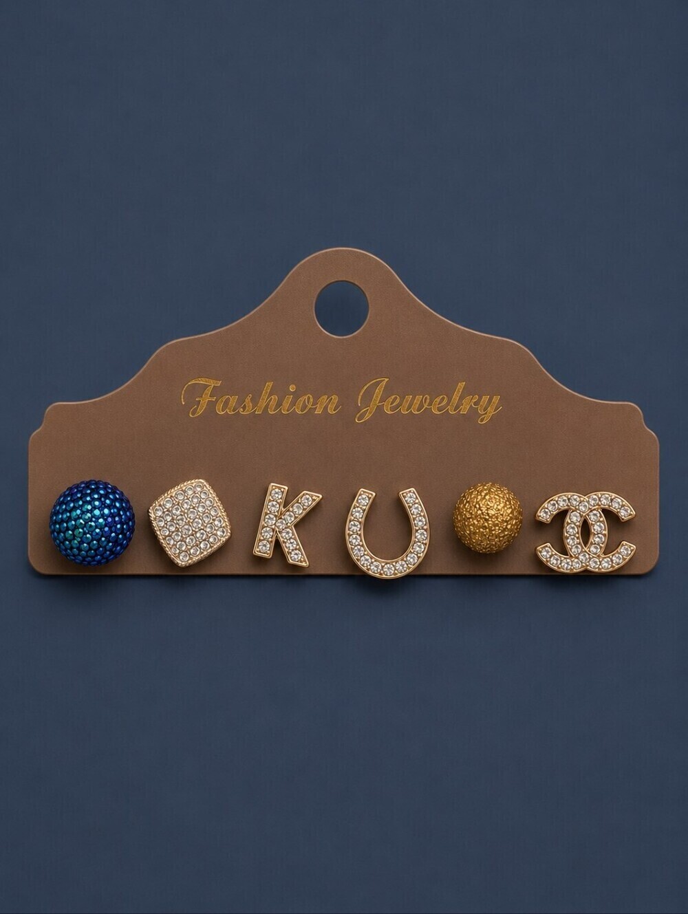 Vintage Set of Six Single Paved Symbols and Glitter Ball Post Earrings